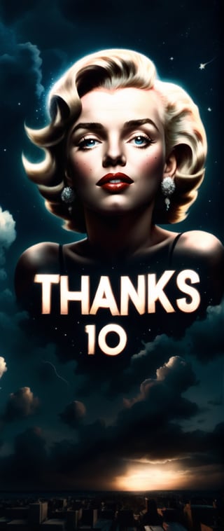 The text on the "Thanks Advanced for 10000 likes" sign in the center of the composition ,Design a portrait of Marilyn Monroe, in the style of Anton Pieck, with romantic lighting and gentle shadows, vintage tones and dreamy compositions, back view intensity, epic clouds and mercury blending shot,Masterpiece,better photography,frwks