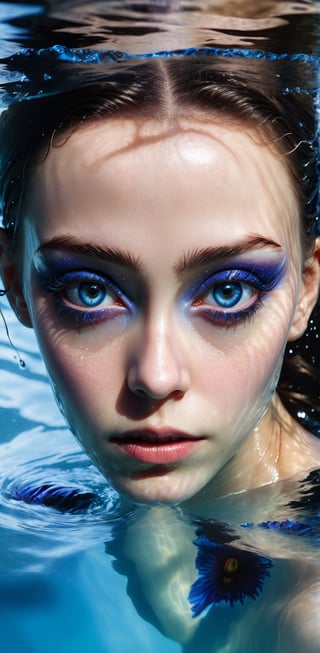 A photorealistic, RAW, full body photograph of a person's face partially submerged in water, with open eyes and a striking blue iris. The water's surface is visible at the frame, suggesting that the person is just at the waterline.
,goth person,Energy light particle mecha,Movie Poster