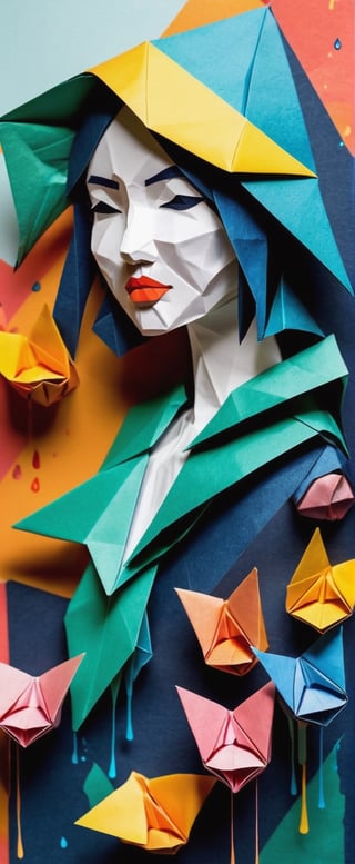 Origami Adventure with a Girl**: A beautifully folded origami girl set in a captivating and centered composition.
,flat design,dripping paint