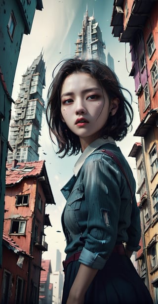 Abstract Dystopia: Giantess surrounded by distorted buildings, the cityscape a surreal representation of a dystopian world, where reality itself seems fractured.
,coocolor
