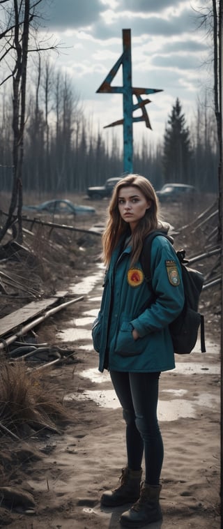 The sign text "I'M Stalker" / A very beautiful,instagram model, stalker girl in the Chernobyl exclusion zone, ultra realistic,extreme cinematic shot,master bottom view post, punk & post soviet styles, award winning photo, 8K, HD wallpapers,realistic lighting,shadow & details, mega quality,surreal world
, ,More Detail,Text