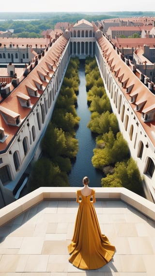  "Elevated Elegance: Ascend to new heights with high-angle shooting, offering a bird's-eye view of the scene below. Pair this with an Instagram model embodying the fashion of the 1200s, set against a backdrop of contemporary architecture for a striking juxtaposition of past and present.",cinematic_warm_color