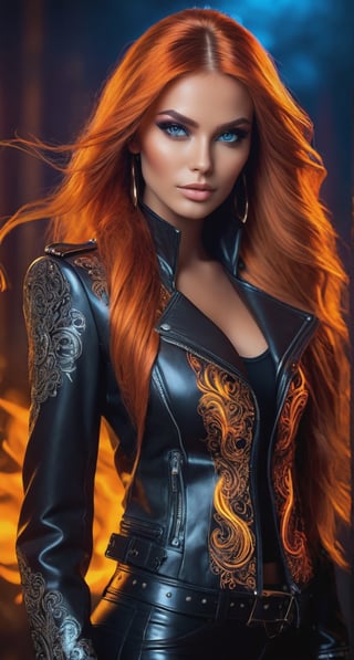 Very beautiful woman of perfect text "Great",perfect eyes and face features,fashionable leather glossy outfit with art engraved design,long fire hair,body art,cinematic,over-detailed,atmospheric portrait,focus on details,
dramatic lighting,realistic rendering,128K,HDR,BLENDER 3D,blacklight makeup