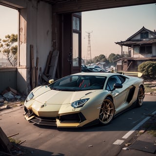 Lamborghini Aventador, masterpiece, high res, ray tracing, CG, 8K, 32K, best quality, lookbook, realistic, ultra realistic, realistic photography, Soft golden hour light with warm tones, Urban street with architectural interest, Low angle shot to accentuate sleek lines, Solid color backdrop to minimize distractions.shot, abandoned house,Sadako