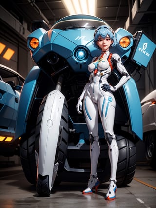 A woman, wearing mecha suit + mechanical suit, white suit with blue parts, gigantic breasts, light blue hair, short hair, straight hair, hair with bangs in front of the eyes, (lock helmet on the head), looking at the viewer, (((pose with interaction and leaning on [something|an object]))), in a giant robot hangar, with many vehicles, machines, gigane robots in the background, is daytime, ((full body):1.5), 16k, UHD, best possible quality, ultra detailed, best possible resolution, Unreal Engine 5, professional photography, well-detailed fingers, well-detailed hand, perfect_hands, ((rei_ayanami)) + ((neon_genesis_evangelion))