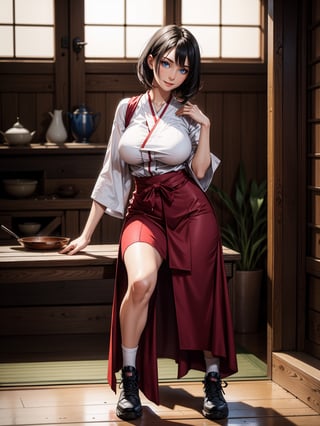 A woman, white t-shirt, red coat, short black skirt, long white socks, black sneakers, ((gigantic breasts)), black hair, very short hair, straight hair, hair with bangs in front of the eyes, blood everywhere, looking at the viewer, (([pose with interaction and leaning on something|pose with interaction and leaning on a large object])), in the room of an old Japanese house completely destroyed and dusty with furniture, altars, structures, windows, it's night time, ((full body):1.5), 16k, UHD, best possible quality, ultra detailed, best possible resolution, Unreal Engine 5, professional photography, well-detailed fingers, well-detailed hand, perfect_hands, perfect, ((fatal frame crimson butterfly))
