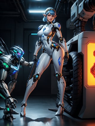 A woman, white suit with black parts, robotic body parts, very large breasts, blue hair, short hair, hair with bangs in front of her eyes, helmet on her head, looking at the viewer, (((erotic pose interacting and leaning [on something|on an object]))), in a laboratory with various vehicles, machines, robots, ((full body):1.5), 16k, UHD, best possible quality,  ultra detailed, best possible resolution, Unreal Engine 5, professional photography, well-detailed fingers, well-detailed hand, perfect_hands, ((zelda, super metroid, mecha style, robot style))