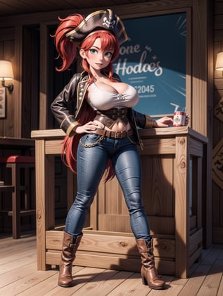 A woman, wearing pirate costume with black leather coat, white T-shirt, long brown leather pants, black leather boots, hat, gigantic breasts, bright red hair, extremely short hair, hair with bangs in front of the eyes, hair with ponytail, looking at the viewer, sensual pose+Interacting+leaning on anything+object+leaning against on a pirate ship with many wooden structures,  barrels, treasure chests, pirates of different ethnicities, ((full body):1.5), 16K, UHD, unreal engine 5, quality max, max resolution, ultra-realistic, ultra-detailed, maximum sharpness, ((perfect_hands):1), Goodhands-beta2, ((gigantic breasts, pirates of the caribbean)), ((sensual pose+Interacting+leaning on anything+object+leaning against))