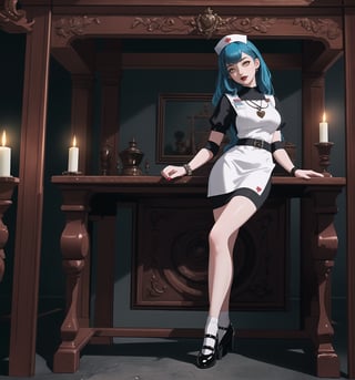 A nurse-gothic masterpiece with realistic details, rendered in ultra-high resolution. | A young woman, with blue hair and yellow eyes, is dressed in a nurse's outfit. The white dress with red details and the white apron with red details highlight her slender and careful figure. She also wears white socks, white low-heeled shoes, and accessories like a red heart pendant and a red leather bracelet, which add a layer of sweetness and affection to her appearance. The young woman smiles at the viewer, showing her white teeth and wearing black lipstick, creating a charming contrast to her goth, nurse appearance. | The scene takes place in a macabre basement, lit by candles scattered throughout the room. The concrete, rock, wooden and metal structures create a spooky and mysterious atmosphere. The young woman stands out amidst this dark backdrop, adding a layer of beauty and fascination to the image. | Soft, moody lighting effects create a gothic mood, while detailed textures on clothing, accessories and set elements add realism to the masterpiece. | An intriguing and compelling scene of a young gothic nurse in a macabre basement, exploring themes of care, mystery, horror and beauty. | (((((The image reveals a full-body shot as she assumes a sensual pose, engagingly leaning against a structure within the scene in an exciting manner. She takes on a sensual pose as she interacts, boldly leaning on a structure, leaning back in an exciting way.))))). | ((full-body shot)), ((perfect pose)), ((perfect fingers, better hands, perfect hands)), ((perfect legs, perfect feet)), ((huge breasts)), ((perfect design)), ((perfect composition)), ((very detailed scene, very detailed background, perfect layout, correct imperfections)), More Detail, Enhance