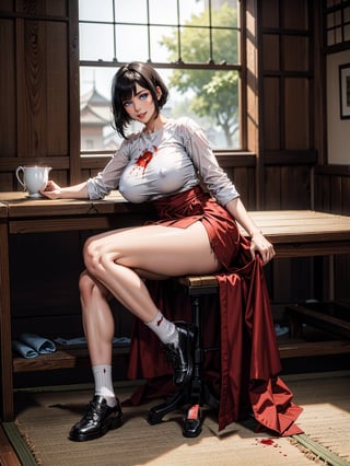A woman, white t-shirt, red coat, short black skirt, long white socks, black sneakers, ((gigantic breasts)), black hair, very short hair, straight hair, hair with bangs in front of the eyes, ((blood everywhere)), looking at the viewer, (([pose with interaction and leaning on something|pose with interaction and leaning on a large object])), in the room of an old Japanese house completely destroyed and dusty with furniture, altars, structures, windows, ((full body):1.5), 16k, UHD, best possible quality, ultra detailed, best possible resolution, Unreal Engine 5, professional photography, well-detailed fingers, well-detailed hand, perfect_hands, perfect, ((fatal frame 2))