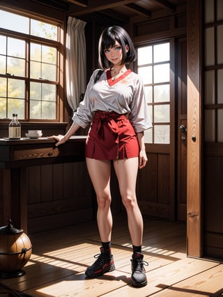 A woman, white t-shirt, red coat, short black skirt, long white socks, black sneakers, ((gigantic breasts)), black hair, very short hair, straight hair, hair with bangs in front of the eyes, ((blood everywhere)), looking at the viewer, (([pose with interaction and leaning on something|pose with interaction and leaning on a large object])), in the room of an old Japanese house completely destroyed and dusty with furniture, altars, structures, windows, it's night time, ((full body):1.5), 16k, UHD, best possible quality, ultra detailed, best possible resolution, Unreal Engine 5, professional photography, well-detailed fingers, well-detailed hand, perfect_hands, perfect, ((fatal frame 2))