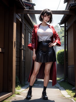 A woman, wearing a schoolgirl outfit with a white t-shirt, red coat, short black skirt, long white socks, black sneakers, ((gigantic breasts)), black hair, very short hair, straight hair, hair with bangs in front of the eyes, ((blood everywhere)), looking at the viewer, (([pose with interaction and leaning on something|pose with interaction and leaning on a large object])), in an old Japanese village with altars, structures, windows, background of macabre night with fog and ghosts, ((full body):1.5), 16k, UHD, best possible quality, ultra detailed, best possible resolution, Unreal Engine 5, professional photography, well-detailed fingers, well-detailed hand, perfect_hands, perfect, ((fatal frame crimson butterfly))