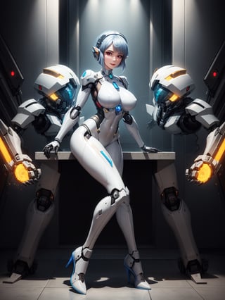 A woman, white suit with black parts, robotic body parts, (very big breasts), blue hair, short hair, hair with bangs in front of her eyes, helmet on her head, looking at the viewer, (((erotic pose interacting and leaning [on something|on an object]))), in a laboratory with various vehicles, machines, robots, ((full body):1.5), 16k, UHD, best possible quality,  ultra detailed, best possible resolution, Unreal Engine 5, professional photography, well-detailed fingers, well-detailed hand, perfect_hands, ((zelda, super metroid, mecha style, robot style))