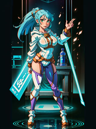 A woman, wearing black lock costume + gold armor + lights attached, very tight costume, (gigantic breasts), blue hair, very short hair, straight hair, hair with ponytail, hair with bangs in front of the eyes, (hood on the head), looking at the viewer, ((([pose with interaction and leaning on something|pose with interaction and leaning on a structure|pose with interaction and leaning on some object]))), in a spaceship, with computer machines, window, ((full body):1.5), 16k, UHD, best possible quality, ultra detailed, best possible resolution, Unreal Engine 5, professional photography, well-detailed fingers, well-detailed hand, perfect_hands, perfect, ((astronaut+mecha))