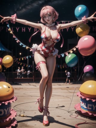 {Princess Zelda}, only she is {((clown makeup on her face, wearing red clown clothes with white and pink lows)), just elá has ((giant breasts)), (((very slick pink short hair, blue eyes)), staring at the viewer, smiling, ((pose, in an amusement park, open area, multiple people of different ethnicities, park toys, party balloons,  birthday cake))}, ((full body):1.5), ((Traveling circus), 16k, best quality, best resolution, best sharpness,