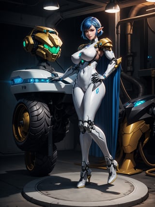 A woman, white suit with black parts, robotic body parts, (very big breasts), blue hair, short hair, hair with bangs in front of her eyes, helmet on her head, looking at the viewer, (((erotic pose interacting and leaning [on something|on an object]))), in a laboratory with various vehicles, machines, robots, ((full body):1.5), 16k, UHD, best possible quality,  ultra detailed, best possible resolution, Unreal Engine 5, professional photography, well-detailed fingers, well-detailed hand, perfect_hands, ((zelda, super metroid, mecha style, robot style))