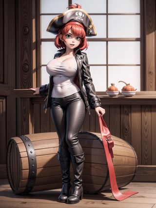 A woman, wearing pirate costume with black leather coat, white T-shirt, long brown leather pants, black leather boots, hat, gigantic breasts, bright red hair, extremely short hair, hair with bangs in front of the eyes, hair with ponytail, looking at the viewer, sensual pose+Interacting+leaning on anything+object+leaning against on a pirate ship with many wooden structures,  barrels, treasure chests, pirates of different ethnicities, ((full body):1.5), 16K, UHD, unreal engine 5, quality max, max resolution, ultra-realistic, ultra-detailed, maximum sharpness, ((perfect_hands):1), Goodhands-beta2, ((wearing pirate costume with black leather coat, white T-shirt, long brown leather pants, black leather boots, hat, gigantic breasts, pirates of the caribbean)), ((sensual pose+Interacting+leaning on anything+object+leaning against))