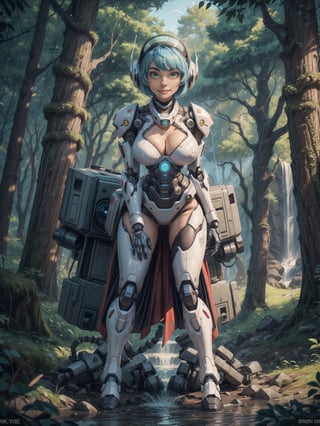 A woman, wearing a mecha outfit+cybernetic armor coat+futuristic costume, a white costume with blue parts, cybernetic helmet with colored visor, gigantic breasts, light blue hair, extremely short hair, hair with bangs in front of her eyes, ((looking at the viewer)), (((sensual pose+Interacting+leaning on anything+object+leaning against))), in a forest with waterfall, with large structures, altars with Ancient Writings, robots, robotic machines, 16K, UHD, ((full body)), Unreal Engine 5, quality max, max resolution, ultra-realistic, ultra-detailed, maximum sharpness, ((perfect_hands)), ((perfect_legs)), Goodhands-beta2, ((mecha+maid costume))