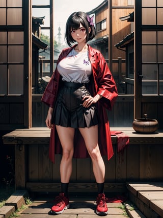 A woman, wearing a schoolgirl outfit with a white t-shirt, red coat, short black skirt, long white socks, black sneakers, ((gigantic breasts)), black hair, very short hair, straight hair, hair with bangs in front of the eyes, ((blood everywhere)), looking at the viewer, (([pose with interaction and leaning on something|pose with interaction and leaning on a large object])), in an old Japanese village with altars, structures, windows, background of macabre night with fog and ghosts, ((full body):1.5), 16k, UHD, best possible quality, ultra detailed, best possible resolution, Unreal Engine 5, professional photography, well-detailed fingers, well-detailed hand, perfect_hands, perfect, ((fatal frame crimson butterfly))