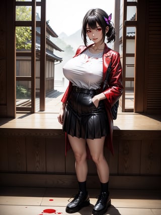 A woman, wearing a schoolgirl outfit with a white t-shirt, red coat, short black skirt, long white socks, black sneakers, ((gigantic breasts)), black hair, very short hair, straight hair, hair with bangs in front of the eyes, ((blood everywhere)), looking at the viewer, (([pose with interaction and leaning on something|pose with interaction and leaning on a large object])), in an old Japanese village with altars, structures, windows, background of macabre night with fog and ghosts, ((full body):1.5), 16k, UHD, best possible quality, ultra detailed, best possible resolution, Unreal Engine 5, professional photography, well-detailed fingers, well-detailed hand, perfect_hands, perfect, ((fatal frame crimson butterfly))