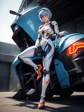 A woman, wearing mecha suit + mechanical suit, white suit with blue parts, gigantic breasts, light blue hair, short hair, straight hair, hair with bangs in front of the eyes, (lock helmet on the head), looking at the viewer, (((pose with interaction and leaning on [something|an object]))), in a giant robot hangar, with many vehicles, machines, gigane robots in the background, is daytime, ((full body):1.5), 16k, UHD, best possible quality, ultra detailed, best possible resolution, Unreal Engine 5, professional photography, well-detailed fingers, well-detailed hand, perfect_hands, ((rei_ayanami)) + ((neon_genesis_evangelion))