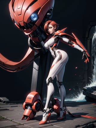 A woman, wearing mecha suit+cybernetic armor+futuristic suit, white suit with red parts, cybernetic helmet with colored visor, gigantic breasts, bright red hair, extremely short hair, hair with bangs in front of the eyes, (((looking at the viewer, sensual pose+Interacting+leaning on anything+object+leaning against))) in a dungeon with waterfall with many machines,  robots, structures, vehicles, ((full body)), 16K, UHD, unreal engine 5, quality max, max resolution, ultra-realistic, ultra-detailed, maximum sharpness, ((perfect_hands, perfect_legs)), Goodhands-beta2, super metroid, mecha, final fantasy, 