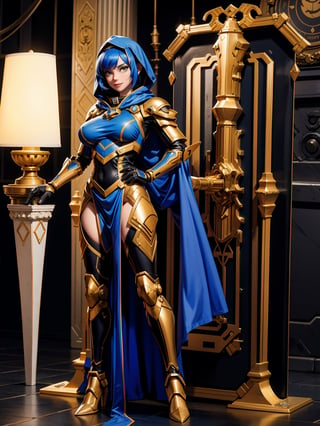 A woman, wearing black wick costume + gold armor + lights attached, very tight costume, (gigantic breasts), blue hair, very short hair, straight hair, hair with ponytail, hair with bangs in front of the eyes, (hood on the head), looking at the viewer, ((([pose with interaction and leaning on something|pose with interaction and leaning on something|pose with interaction and leaning on some object]))),  in a spaceship, with computer machines, window, ((full body):1.5), 16k, UHD, best possible quality, ultra detailed, best possible resolution, Unreal Engine 5, professional photography, well-detailed fingers, well-detailed hand, perfect_hands, perfect, ((astronaut+mecha))