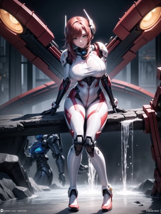 A woman, wearing mecha suit+cybernetic armor+futuristic suit, white suit with red parts, cybernetic helmet with colored visor, gigantic breasts, bright red hair, extremely short hair, hair with bangs in front of the eyes, (((looking at the viewer, sensual pose+Interacting+leaning on anything+object+leaning against))) in a dungeon with waterfall with many machines,  robots, structures, vehicles, ((full body)), 16K, UHD, unreal engine 5, quality max, max resolution, ultra-realistic, ultra-detailed, maximum sharpness, ((perfect_hands, perfect_legs)), Goodhands-beta2, super metroid, mecha, final fantasy, 