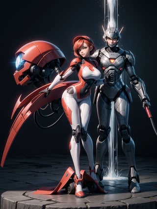 A woman, wearing mecha suit+cybernetic armor+futuristic suit, white suit with red parts, cybernetic helmet with colored visor, gigantic breasts, bright red hair, extremely short hair, hair with bangs in front of the eyes, (((looking at the viewer, sensual pose+Interacting+leaning on anything+object+leaning against))) in a dungeon with waterfall with many machines,  robots, structures, vehicles, ((full body)), 16K, UHD, unreal engine 5, quality max, max resolution, ultra-realistic, ultra-detailed, maximum sharpness, ((perfect_hands, perfect_legs)), Goodhands-beta2, super metroid, mecha, final fantasy, 