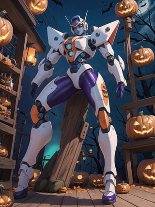 ((A woman + all-blue skin)), ((wore all-white mecha suit, mecha suit with parts in red+lights, mecha suit with cybernetic armor, mecha suit with robotic parts)), gigantic breasts, ((mecha suit covering the whole body)), wearing cybernetic helmet with visor, mohawk hair, green hair, messy hair, (looking directly at the viewer), she is in an ancient village,  with altars, wooden structures, pumpkins with slaps, candles illuminating the place, many signs with monster drawings, candy machines, (((halloween, Ultra Technological)), 16K, UHD, best possible quality, ultra detailed, best possible resolution, Unreal Engine 5, professional photography, she is, ((extroverted Pose with interaction and leaning on anything + object + on something + leaning against)) + perfect_thighs, perfect_legs,  perfect_feet, better_hands, ((full body)), More detail,