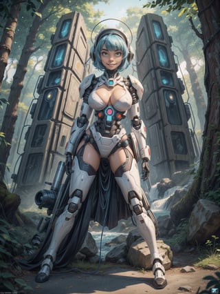 A woman, wearing a mecha outfit+cybernetic armor coat+futuristic costume, a white costume with blue parts, cybernetic helmet with colored visor, gigantic breasts, light blue hair, extremely short hair, hair with bangs in front of her eyes, ((looking at the viewer)), (((sensual pose+Interacting+leaning on anything+object+leaning against))), in a forest with waterfall, with large structures, altars with Ancient Writings, robots, robotic machines, 16K, UHD, ((full body)), Unreal Engine 5, quality max, max resolution, ultra-realistic, ultra-detailed, maximum sharpness, ((perfect_hands)), ((perfect_legs)), Goodhands-beta2, ((mecha+maid costume))