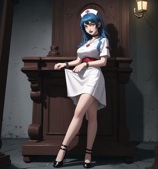 A nurse-gothic masterpiece with realistic details, rendered in ultra-high resolution. | A young woman, with blue hair and yellow eyes, is dressed in a nurse's outfit. The white dress with red details and the white apron with red details highlight her slender and careful figure. She also wears white socks, white low-heeled shoes, and accessories like a red heart pendant and a red leather bracelet, which add a layer of sweetness and affection to her appearance. ((The young woman smiles at the viewer, showing her white teeth and wearing black lipstick)), creating a charming contrast to her goth, nurse appearance. | The scene takes place in a macabre basement, lit by candles scattered throughout the room. The concrete, rock, wooden and metal structures create a spooky and mysterious atmosphere. The young woman stands out amidst this dark backdrop, adding a layer of beauty and fascination to the image. | Soft, moody lighting effects create a gothic mood, while detailed textures on clothing, accessories and set elements add realism to the masterpiece. | An intriguing and compelling scene of a young gothic nurse in a macabre basement, exploring themes of care, mystery, horror and beauty. | (((((The image reveals a full-body shot as she assumes a sensual pose, engagingly leaning against a structure within the scene in an exciting manner. She takes on a sensual pose as she interacts, boldly leaning on a structure, leaning back in an exciting way.))))). | ((full-body shot)), ((perfect pose)), ((perfect fingers, better hands, perfect hands)), ((perfect legs, perfect feet)), ((huge breasts)), ((perfect design)), ((perfect composition)), ((very detailed scene, very detailed background, perfect layout, correct imperfections)), More Detail, Enhance,