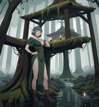 Image rendered in 8K ultra-detail with Elven Art, Dark Fantasy, Gothic Horror, and Surrealism styles, emphasizing organic shapes. | Daliny, a 34-year-old elf woman with a warrior and elegant appearance, is positioned in the middle of a macabre forest at night. She wears a feminine elven warrior outfit, consisting of a forest green tunic, brown leather armor with metal details, a belt with a sword sheath, and brown leather boots. Her accessories include a silver bracelet with elven symbols and a ring with a blue stone. Her short blue hair with a large bang is styled in a messy way, giving her a wild look. Her yellow eyes gaze confidently as she smiles, showing her teeth and conveying an expression of confidence and joy. | The composition features a wide-angle shot, emphasizing Daliny's imposing figure and the elements of the macabre forest. The wooden, rocky, and vine structures, along with the trees with carved faces, stone altars with candles, ancient tombs covered in moss, dark water waterfall, and rope bridge, create a frightening and mysterious environment. The thick fog, heavy rain, and the sound of thunder in the distance enhance the Gothic and surreal atmosphere. | Dramatic and dark lighting effects create a mystical and terrifying atmosphere, while detailed textures on the structures and outfit add realism to the image. | A charming and frightening scene of Daliny, the elf warrior woman, in a macabre forest, blending elements of Elven Art, Dark Fantasy, Gothic Horror, and Surrealism. | (((((The image reveals a full-body shot as she assumes a sensual pose, engagingly leaning against a structure within the scene in an exciting manner. She takes on a sensual pose as she interacts, boldly leaning on a structure, leaning back in an exciting way.))))). | ((full-body shot)), ((perfect pose)), ((perfect fingers, better hands, perfect hands)), ((perfect legs, perfect feet)), ((huge breasts)), ((perfect design)), ((perfect composition)), ((very detailed scene, very detailed background, perfect layout, correct imperfections)), More Detail, Enhance