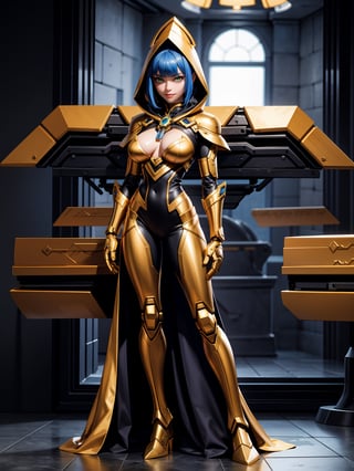 A woman, wearing black wick costume + golden armor + lights attached, very tight costume, (gigantic breasts), blue hair, very short hair, straight hair, hair with ponytail, hair with bangs in front of the eyes, (hood on the head), looking at the viewer, (((pose with interaction and leaning on something)))), in a spaceship, with computer machines, window, ((full body):1.5), 16k, UHD, best possible quality, ultra detailed, best possible resolution, Unreal Engine 5, professional photography, well-structured fingers and hands, well-detailed fingers, well-detailed hand, perfect_hands, perfect, ((astronauta+mecha))