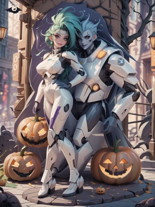 (Solo woman all-blue skin), wore all-white mecha suit, mecha suit with parts in blue+lights, mecha suit with cybernetic armor, mecha suit with robotic parts, gigantic breasts, ((mecha suit covering the whole body)), wearing cybernetic helmet with visor, mohawk hair, green hair, messy hair, (looking directly at the viewer), she is in an ancient village,  with altars, wooden structures, pumpkins with slaps, candles illuminating the place, many signs with monster drawings, candy machines, (((halloween, Ultra Technological)), 16K, UHD, best possible quality, ultra detailed, best possible resolution, Unreal Engine 5, professional photography, she is, ((sensual pose with interaction and leaning on anything + object + on something + leaning against)) + perfect_thighs, perfect_legs,  perfect_feet, better_hands, ((full body)), More detail,