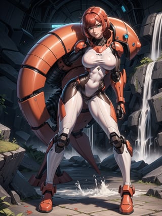 A woman, wearing mecha suit+cybernetic armor+futuristic suit, white suit with red parts, cybernetic helmet with colored visor, gigantic breasts, bright red hair, extremely short hair, hair with bangs in front of the eyes, (((looking at the viewer, sensual pose+Interacting+leaning on anything+object+leaning against))) in a dungeon with waterfall with many machines,  robots, structures, vehicles, ((full body)), 16K, UHD, unreal engine 5, quality max, max resolution, ultra-realistic, ultra-detailed, maximum sharpness, ((perfect_hands, perfect_legs)), Goodhands-beta2, super metroid, mecha, final fantasy, 