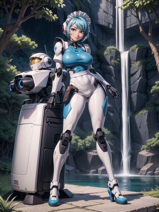 A woman, wearing a mecha outfit+cybernetic armor coat+futuristic costume, a white costume with blue parts, cybernetic helmet with colored visor, gigantic breasts, light blue hair, extremely short hair, hair with bangs in front of her eyes, ((looking at the viewer)), (((sensual pose+Interacting+leaning on anything+object+leaning against))), in a forest with waterfall, with large structures, altars with Ancient Writings, robots, robotic machines, 16K, UHD, ((full body)), Unreal Engine 5, quality max, max resolution, ultra-realistic, ultra-detailed, maximum sharpness, ((perfect_hands)), ((perfect_legs)), Goodhands-beta2, ((mecha+maid costume))