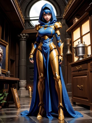 A woman, wearing black wick costume+gold armor + lights attached, very tight costume, (gigantic breasts), blue hair, very short hair, straight hair, hair with ponytail, hair with bangs in front of the eyes, (hood on the head), looking at the viewer, ((([pose with interaction and leaning on something|pose with interaction and leaning on a structure]))), in a spaceship, with computer machines, window, ((full body):1.5), 16k, UHD, best possible quality, ultra detailed, best possible resolution, Unreal Engine 5, professional photography, well-structured fingers and hands, well-detailed fingers, well-detailed hand, perfect_hands, perfect, ((astronaut+mecha))