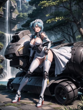 A woman, wearing a mecha outfit+cybernetic armor coat+futuristic costume, a white costume with blue parts, cybernetic helmet with colored visor, gigantic breasts, light blue hair, extremely short hair, hair with bangs in front of her eyes, ((looking at the viewer)), (((sensual pose+Interacting+leaning on anything+object+leaning against))), in a forest with waterfall, with large structures, altars with Ancient Writings, robots, robotic machines, 16K, UHD, ((full body)), Unreal Engine 5, quality max, max resolution, ultra-realistic, ultra-detailed, maximum sharpness, ((perfect_hands)), ((perfect_legs)), Goodhands-beta2, ((mecha+maid costume))