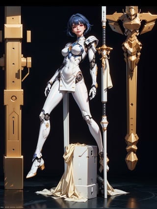 A woman, white suit with black parts, robotic body parts, very large breasts, blue hair, short hair, hair with bangs in front of the eyes, helmet on the head, looking at the viewer, (((erotic pose interacting and leaning [on something|on an object])))), in a very large vehicle with diverse, machines, robots, ((full body):1.5), 16k, UHD,  best possible quality, ultra detailed, best possible resolution, Unreal Engine 5, professional photography, well-detailed fingers, well-detailed hand, perfect_hands, ((saint seiya)), ((mecha style)), ((robot style))