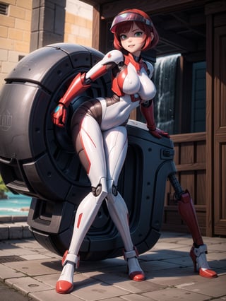 A woman, wearing mecha suit+cybernetic armor+futuristic suit, white suit with red parts, cybernetic helmet with colored visor, gigantic breasts, bright red hair, extremely short hair, hair with bangs in front of the eyes, (((looking at the viewer, sensual pose+Interacting+leaning on anything+object+leaning against))) in a dungeon with waterfall with many machines,  robots, structures, vehicles, ((full body)), 16K, UHD, unreal engine 5, quality max, max resolution, ultra-realistic, ultra-detailed, maximum sharpness, ((perfect_hands, perfect_legs)), Goodhands-beta2, super metroid, mecha, final fantasy, 