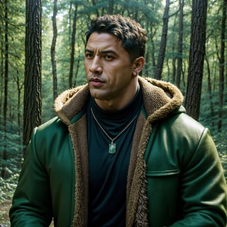 Arafed The Man in the Green Jacket in the Woods, Vin Diesel, Hero, Epic Fantasy as a Medieval Fantasy Character, Portrait of Fin the Wild Cloak, Dwayne Johnson as Harry Potter, Dominic Toretto, Fantasy Character Photo, Ronaldo Nazario, Profile Shot, Epic Fantasy D&D Hobbit Rogue