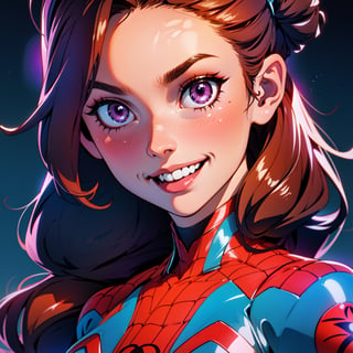 Young girl, short brown hair, purple eyes, Spider-Man 2099 shape, smile, cobweb, lightning, masterpiece, high quality,modelshoot style