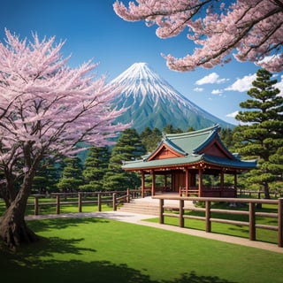 Beautiful shrine landscape, cherry blossoms, pines, anime background art, Japan art style, beautiful anime scene, detailed scenery - width 672, background art, anime landscape, anime background, beautiful anime scenery, beautiful peace scene in anime, landscape artwork, Japan village, anime landscape concept art, 8k))