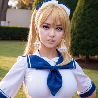 Close up, 1 girl, sailor, Tsukino Usagi, (sailor chiseki uniform:1.2), (aqua eyes:0.9), blonde hair, medium hair, wedge skirt, best quality, earrings, masterpiece, high resolution, intricate details, (realistic)), photography, (white elbow gloves:1.1), jewelry, medium breasts, full body, dynamic background, dynamic pose, white