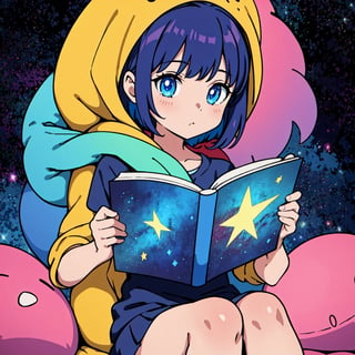 a little girl sitting in the stars and reading a colored shining book, rainbow colored cosmic nebula sky background, stars, galaxies