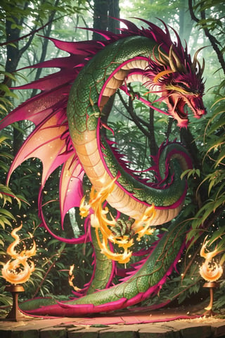 A pink dragon running through a vibrant forest, breathing bursts of sparkling fire, with scales glistening in the sunlight. The dragon's wings are spread wide and its tail coils dynamically in the air. The scene is rendered in a realistic style with ultra-fine painting details that capture the dragon's every scale and the texture of the forest foliage. The colors are vivid, with a warm color palette dominated by shades of pink, orange, and green. The lighting is soft, casting a warm glow that accentuates the dragon's form and brings a magical atmosphere to the scene. The scene is of the highest quality, with 4K resolution and ultra-detailed rendering that captures every intricate detail.