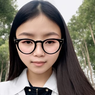 The face is of a Chinese girl wearing round glasses with black frames,