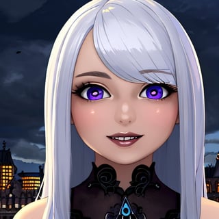 masterpiece, best quality,, 1girl, (colorful),(finely detailed beautiful eyes and detailed face),cinematic lighting,bust shot,extremely detailed CG unity 8k wallpaper,white hair,solo,smile,intricate skirt,((flying petal)),(Flowery meadow), sky, cloudy_sky, building, moonlight, moon, night, (dark theme:1.3), light, fantasy,