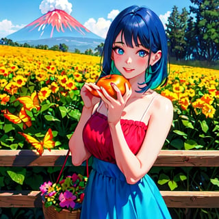 best quality, highres, ultra-detailed, realistic, vivid colors), a girl with a fruit dress, smiling with blue hair, and in the background an erupting volcano, (oil painting, large canvas), detailed eyes, detailed lips, dress made of vividly colored fruits, flowing blue hair, joyful expression, standing in a lush green garden, surrounded by vibrant flowers, holding a basket of ripe fruits, sunlight illuminating her face and casting beautiful shadows, butterflies fluttering around her, birds chirping in the distance, vibrant colors of the garden contrasting with the dark smoke and lava from the erupting volcano, creating a sense of tension and contrast in the scene, capturing the beauty and strength of nature, a harmonious blend of serenity and power, a masterpiece that captures the viewer's attention with its intricate details and vibrant colors.